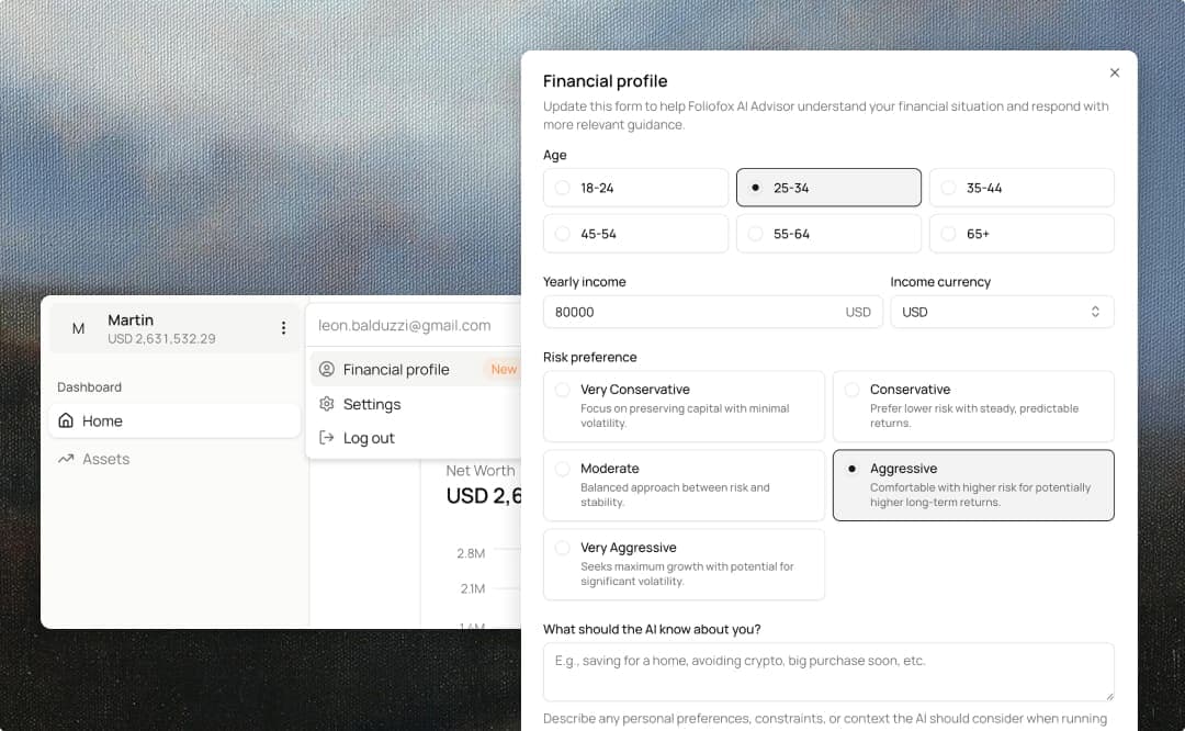 Setting financial goals and preferences in Foliofox